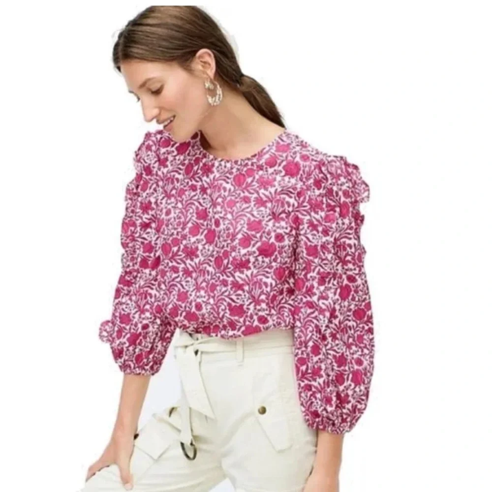 J. CREW Sambourne Liberty Fabric Puff Ruffle Sleeve Pink Floral Blouse Size XS